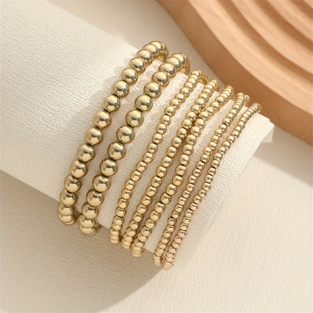 Simple Multi-Size Handmade Beaded Elastic Cord Bracelet Set, 7pcs
